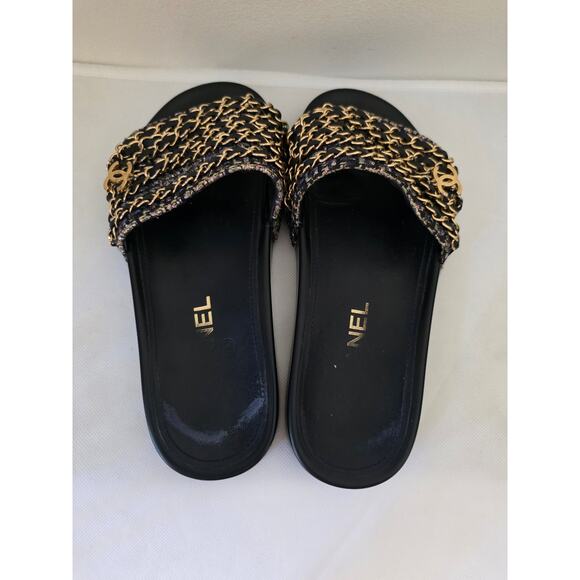 Chanel Black Leather 2016 Interlocking CC Logo Slides 36 sz - Picture 6 of 11